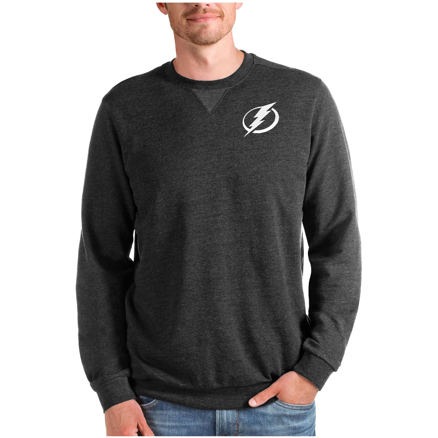 Men's Antigua Heathered Black Tampa Bay Lightning Reward Crewneck Pullover Sweatshirt