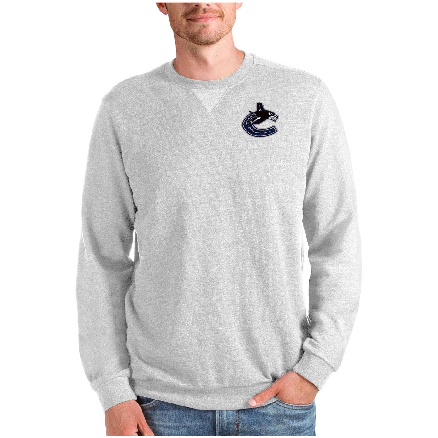 Men's Antigua Heathered Gray Vancouver Canucks Reward Crewneck Pullover Sweatshirt