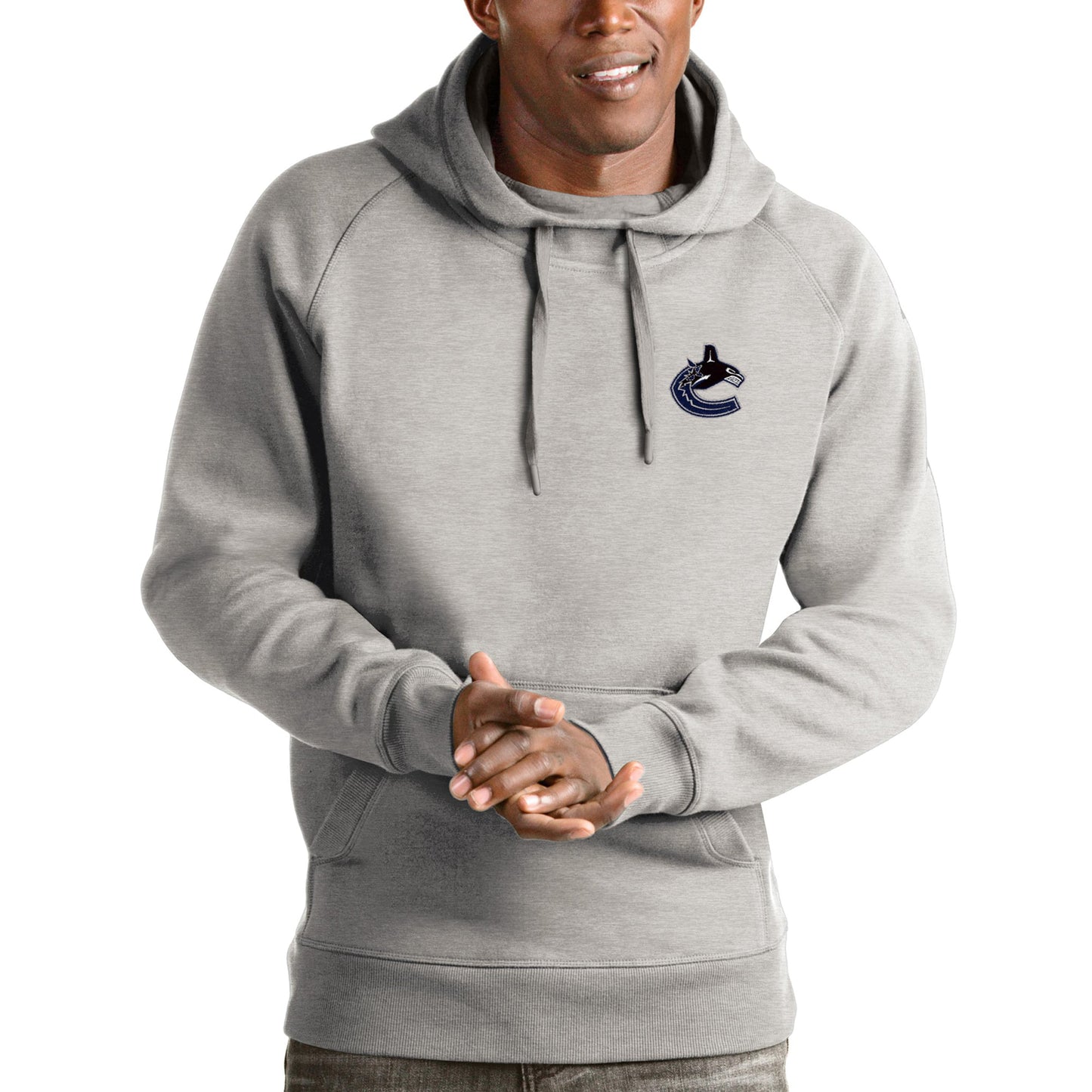 Men's Antigua Heathered Gray Vancouver Canucks Victory Pullover Hoodie
