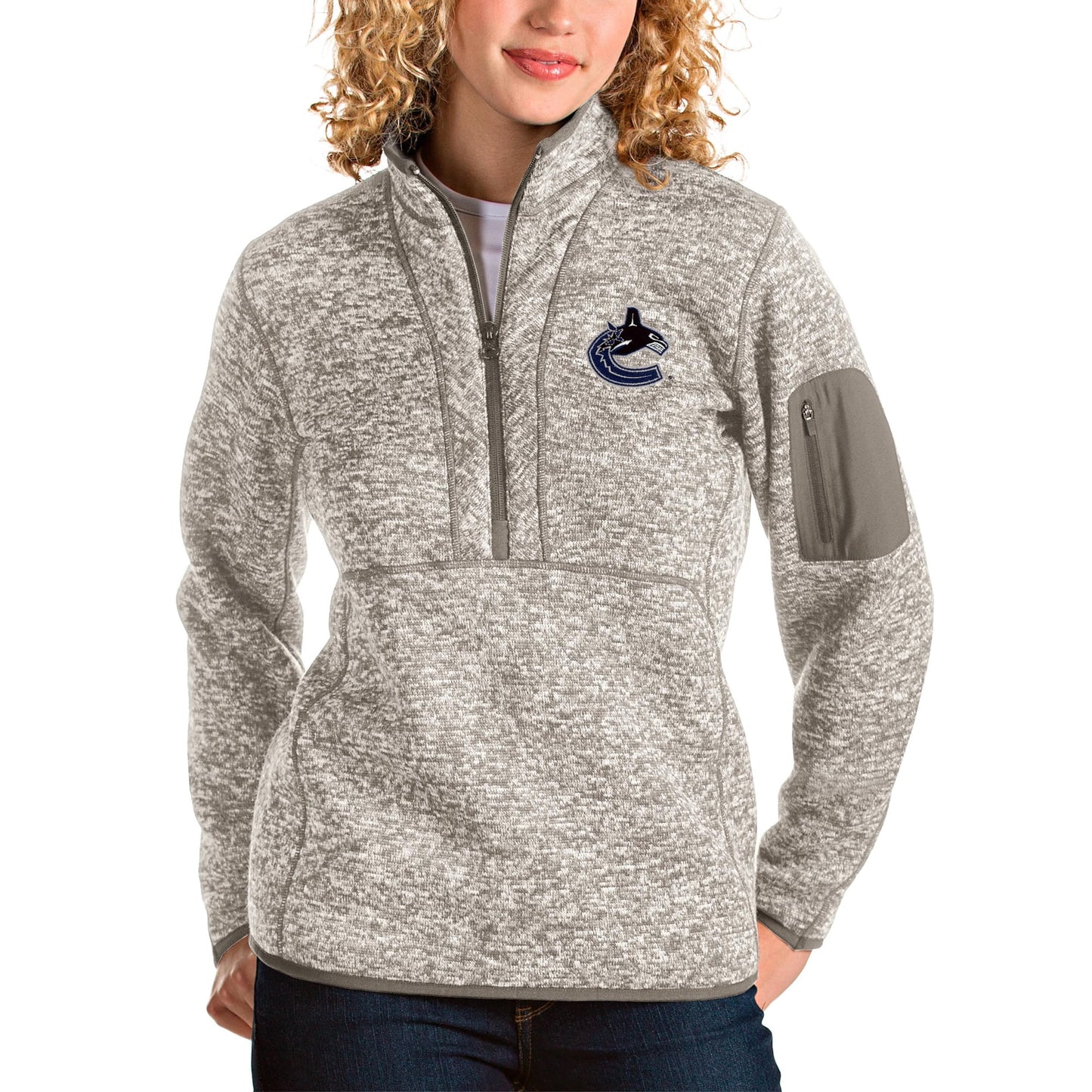 Women's Antigua Oatmeal Vancouver Canucks Fortune Half-Zip Pullover Jacket